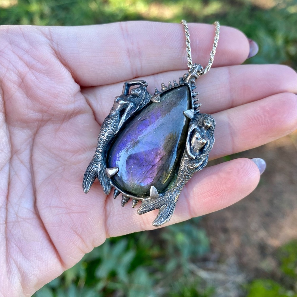 Purple labradorite mermaid sterling silver pendant